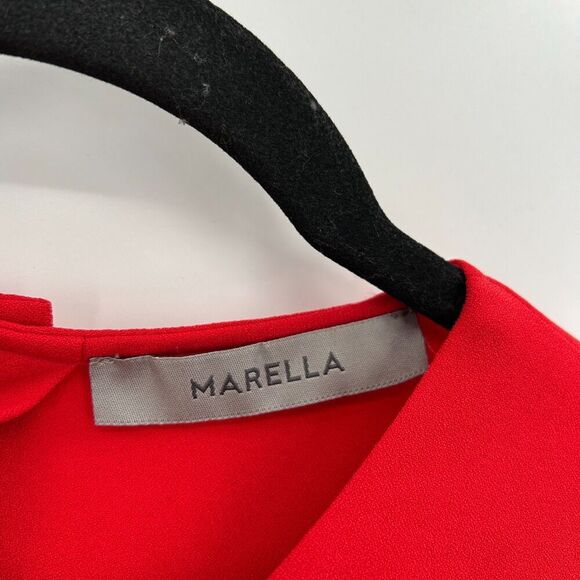MARELLA Red Sleeveless Blouson Pleated Side Tie Button Back Midi Dress Size 8 - Picture 8 of 9